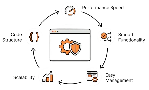 Structured website development process showing performance, scalability, and clean code implementation